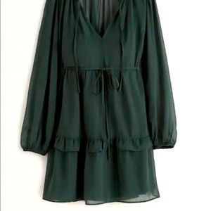 Abercrombie & Fitch Dark Green Tie-Front Long-Sleeve Trapeze Mini Dress, size S